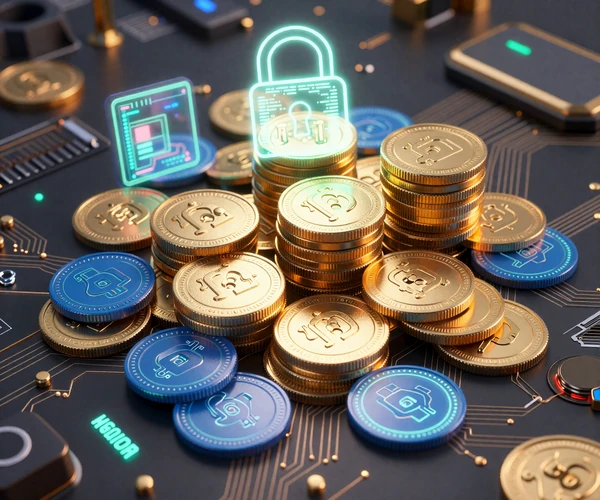 Gl&uuml;hende Goldm&uuml;nzen und Neon-Token auf dunkler Leiterplatte mit holografischen Schl&ouml;ssern