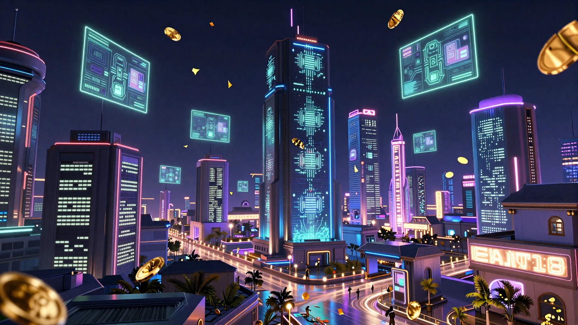 Neon bot-town Skyline mit holografischen Geb&auml;uden und Arcade-Scheinwerfern bei Nacht
