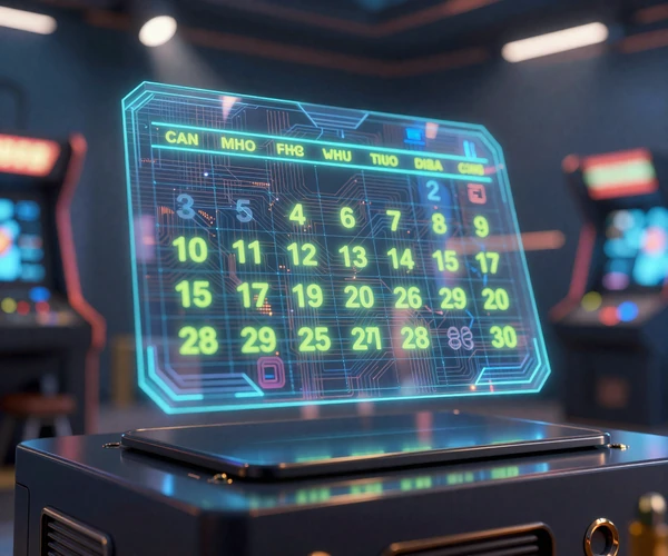 Holografischer Kalender mit leuchtenden Neon-Daten auf dunkler Obsidian-Oberfl&auml;che