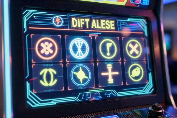Neon-leuchtender Spielautomaten mit holografischen Walzen im Cyberpunk-Stil