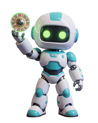 Caszilla Roboter-Maskot h&auml;lt eine leuchtende Neon-Roulette-Kugel in verspielter Pose