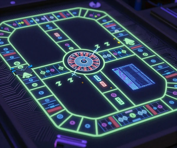 Leuchtende Neon-Strategie-Tabelle auf dunklem Bildschirm mit Roulette-Wettmustern als holografische Grafiken