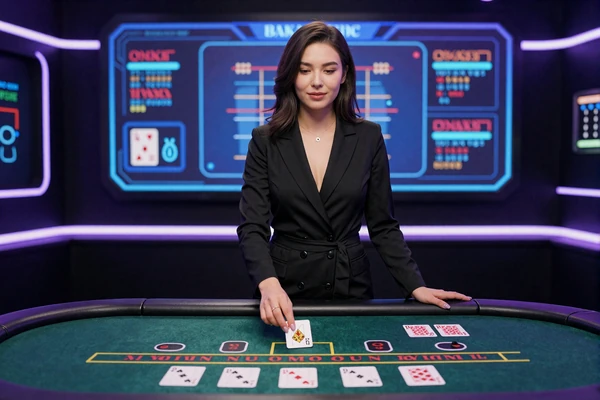 Live-Dealerin in eleganter Kleidung an einem Blackjack-Tisch in futuristischem Casino-Studio
