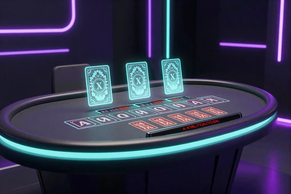 Futuristischer Baccarat-Tisch mit leuchtenden Neon-Akzenten in einem Sci-Fi-Casino-Studio