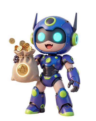 Caszilla Roboter-Maskottchen mit Sack voller leuchtender Goldm&uuml;nzen in verspielter Pose