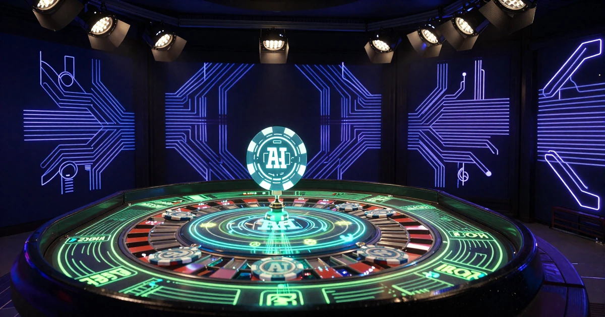 Dunkles futuristisches Casino-Studio mit holografischem Roulette-Tisch in Lime-Cyan-Neonlicht