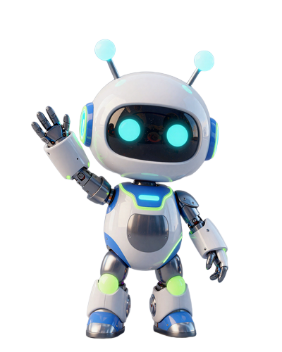 Caszilla Robotermaskot in verspielter Pose mit leuchtenden Cyan-Augen
