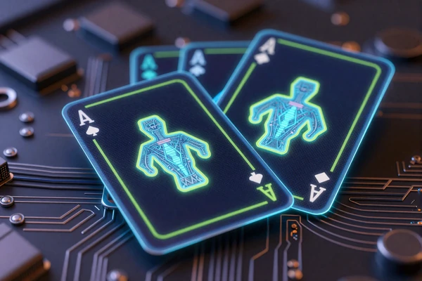 Cyberpunk-Spielkarten mit leuchtenden Neon-Kanten und holografischen Symbols