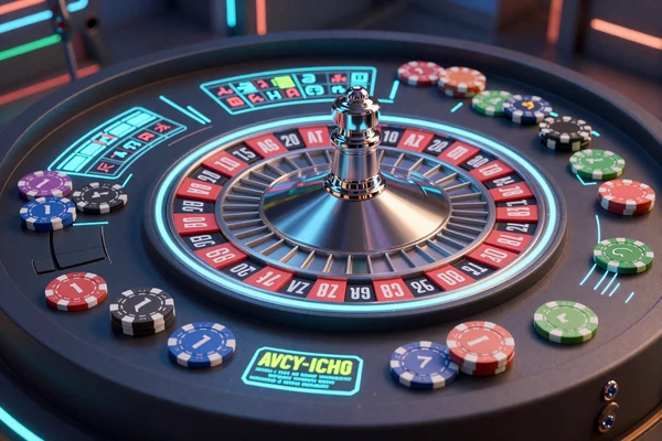 Futuristisches Roulette-Tisch mit holografischem Zahlenraster und Neon-Rad