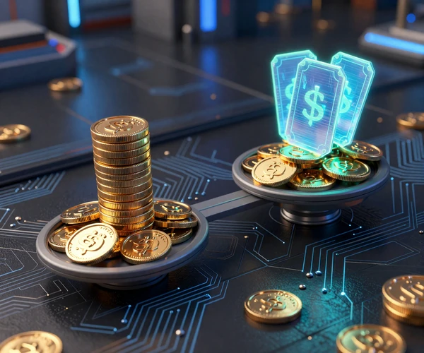 Gl&uuml;hende Neon-Waage balanciert Goldm&uuml;nzen und holografische Token auf dunkler Leiterplatte