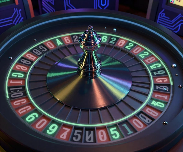 Nahaufnahme eines drehenden Roulette-Rads mit Neon-Lichtreflexen und holografischen Zahlen