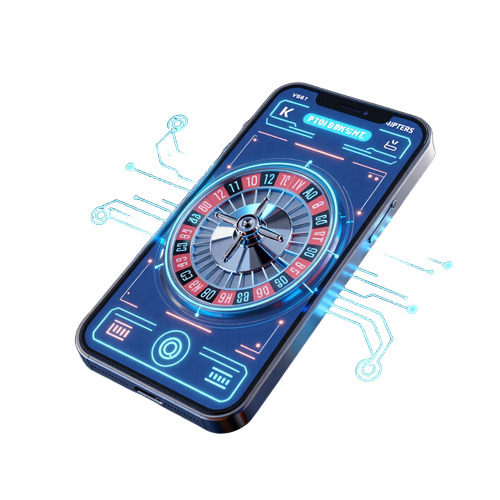 Futuristisches Smartphone mit leuchtendem Neon-Bildschirm zeigt ein holografisches Roulette-Rad
