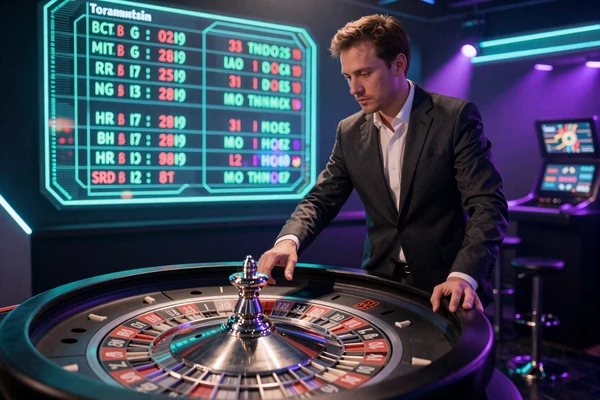 Live-Dealer in dunklem Anzug dreht das Roulette-Rad in futuristischem Casino-Studio